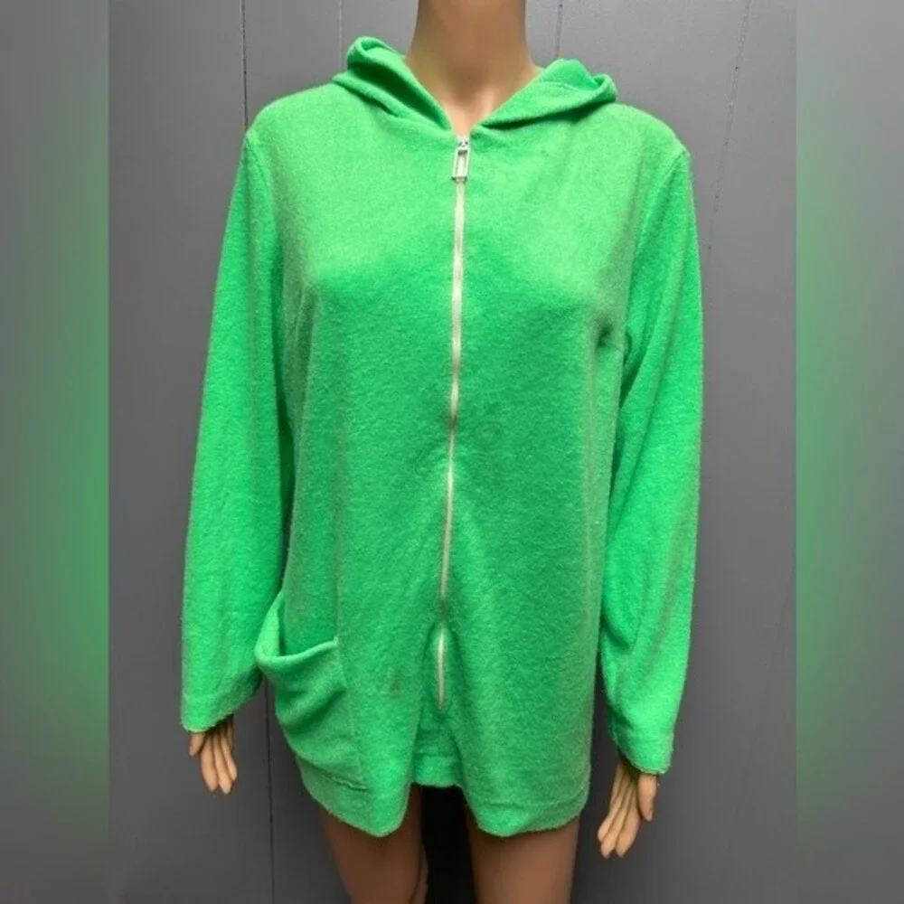 Vintage Hooded Terrycloth Beach Cover Long Sleeve Lime Green 3/4 Zip Size Large